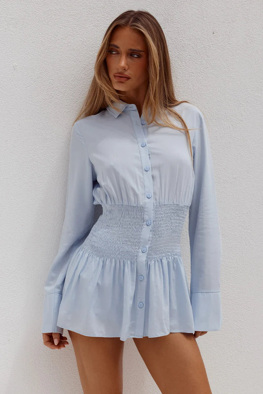 SHIRT - ADORA LONG SLEEVE SHIRRED / BLUE