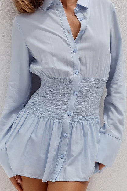 SHIRT - ADORA LONG SLEEVE SHIRRED / BLUE